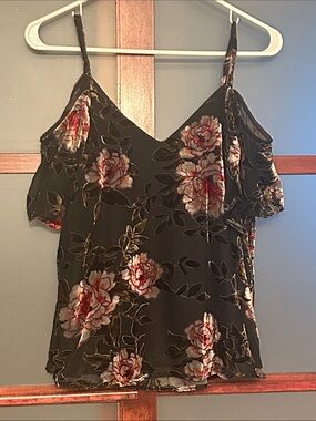Dex Black Floral Velvet Burnout Cold-Shoulder Camisole